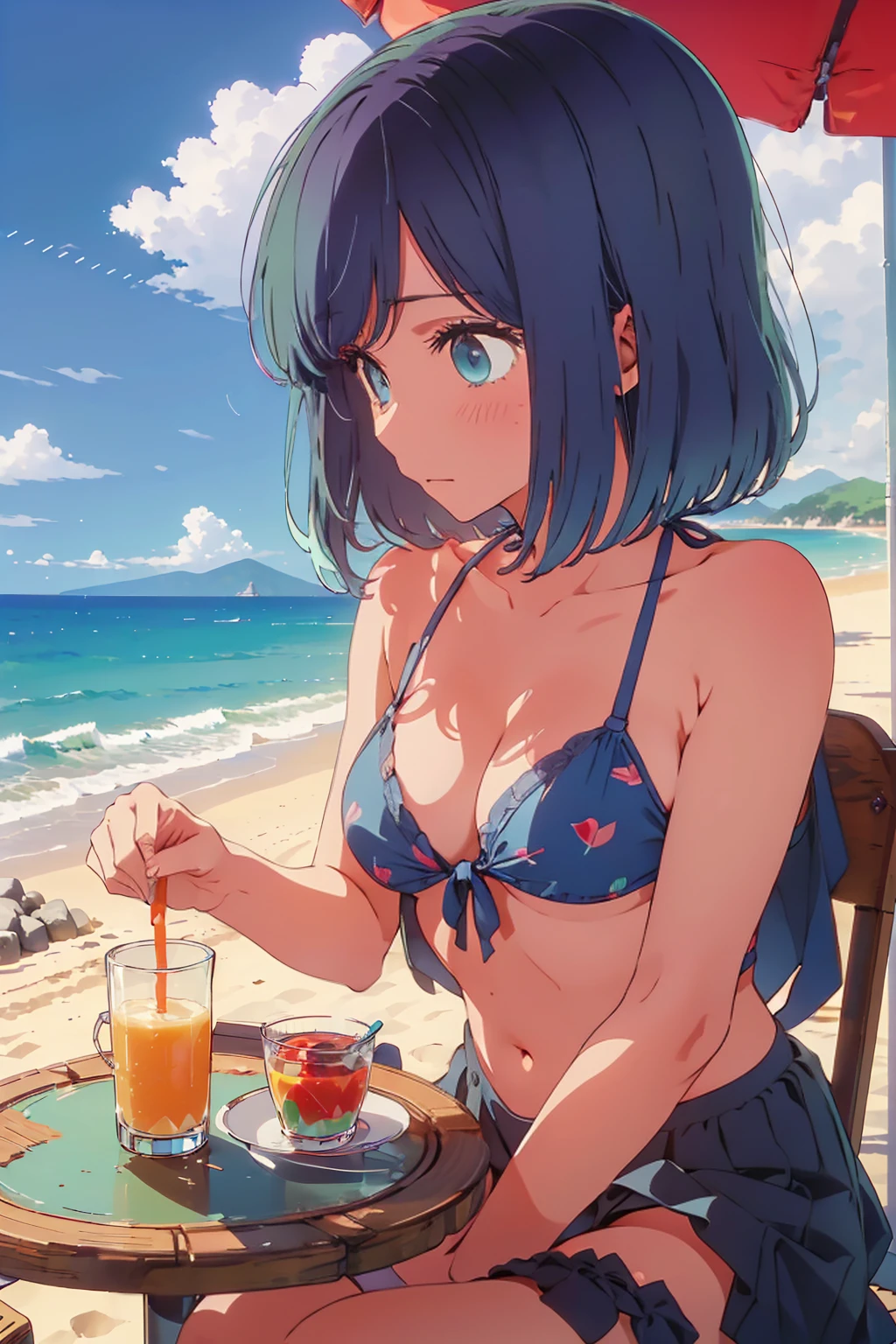 (Highest quality:1.4、masterpiece:1.4、Super detailed:1.4、8K:1.4)、((((1 person、Surprised expression、sit、Outdoor café terrace、coastal、juice、table、Sandy Beach、juiceのグラスを持つ、Plain Bikini、The sky is dark、night、Very soft boobs、Big eyes、Very cute face))))、F cup bust、Medium breast