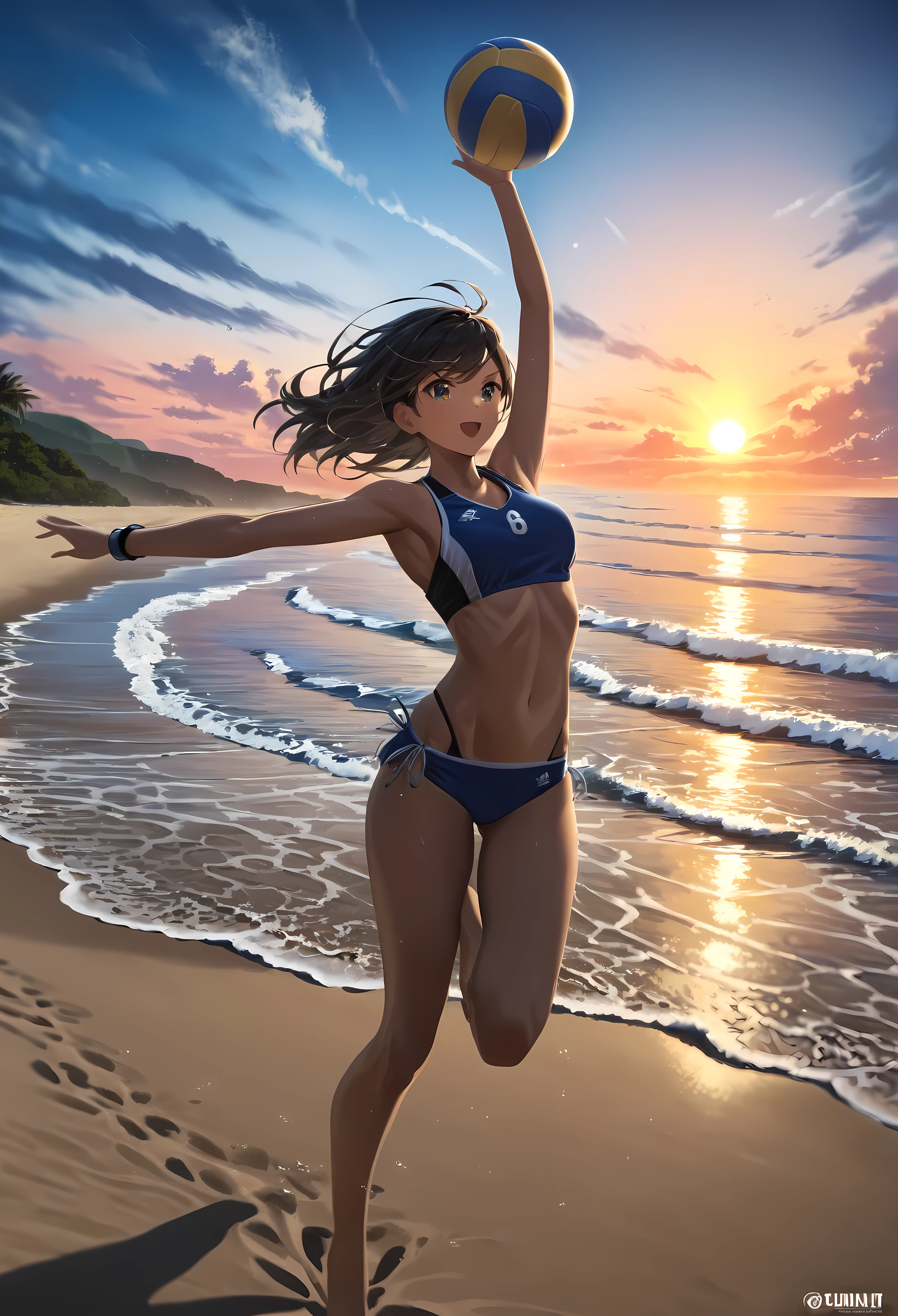 beautiful female athlete, athletic sportswoman, beach volleyball player, beach volleyball game, jumping to spike the ball, detailed facial features, beautiful eyes, detailed skin texture, muscular athletic body, dynamic jumping pose, beach setting, ocean waves, sandy beach, sunset lighting, realistic illustration style, detailed textures, vibrant colors, photorealistic, cinematic lighting, dramatic action scene, best quality | Rendered in ultra-high definition with UHD and retina quality, this masterpiece ensures anatomical correctness and textured skin with super detail. With a focus on high quality and accuracy, this award-winning portrayal captures every nuance in stunning 16k resolution, immersing viewers in its lifelike depiction. | ((perfect_composition, perfect_design, perfect_layout, perfect_detail, ultra_detailed)), ((enhance_all, fix_everything)), More Detail, Enhance.