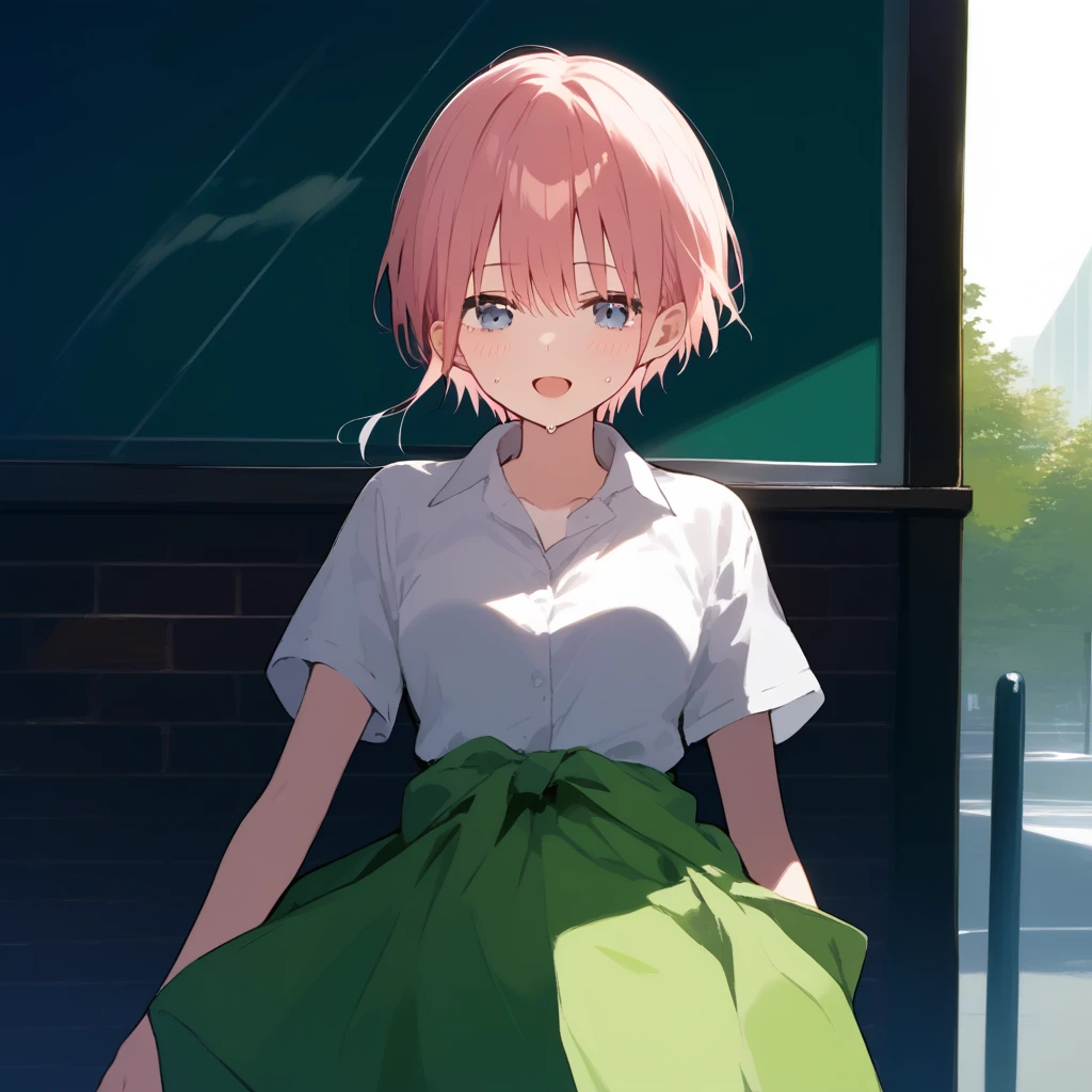 score_9, score_8_up, score_7_up, source_anime, best quality, masterpiece, official art, absurdres, highres, ultra-detailed,waifu2x,Collection: Slice of Life,break,1girl, nakano ichika, pink hair, short hair, around waist, collared shirt, green skirt,sweat, open mouth, sleepily,  outdoors, wind,break,(clear line illustration:1.2), super detailed skin,very high resolution, very aesthetic, Best sexual lighting powered by famous artist, 8k,cute picture,beauty illustration,photoshop_(medium),,(Detailed Lighting),best anime 8k konachan wallpaper, pixiv contest winner, 