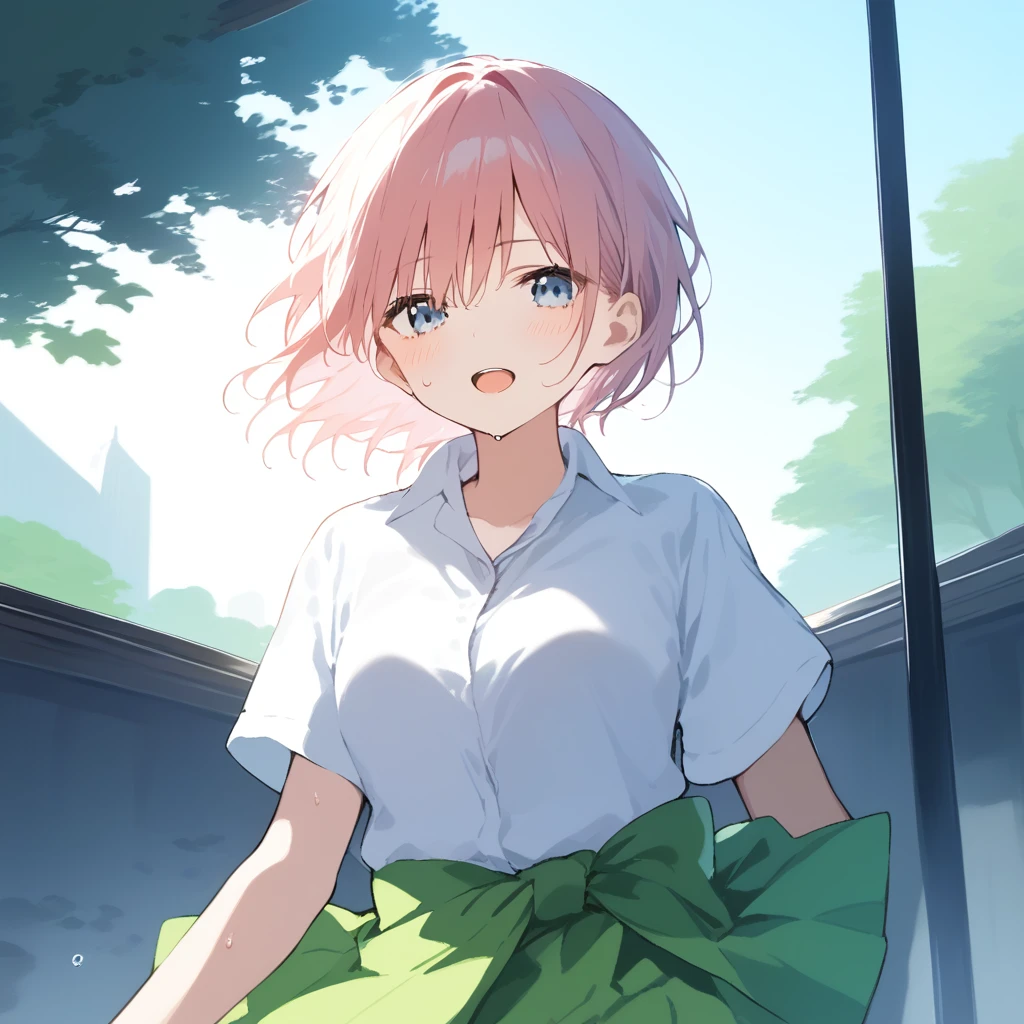 score_9, score_8_up, score_7_up, source_anime, best quality, masterpiece, official art, absurdres, highres, ultra-detailed,waifu2x,Collection: Slice of Life,break,1girl, nakano ichika, pink hair, short hair, around waist, collared shirt, green skirt,sweat, open mouth, sleepily,  outdoors, wind,break,(clear line illustration:1.2), super detailed skin,very high resolution, very aesthetic, Best sexual lighting powered by famous artist, 8k,cute picture,beauty illustration,photoshop_(medium),,(Detailed Lighting),best anime 8k konachan wallpaper, pixiv contest winner, 