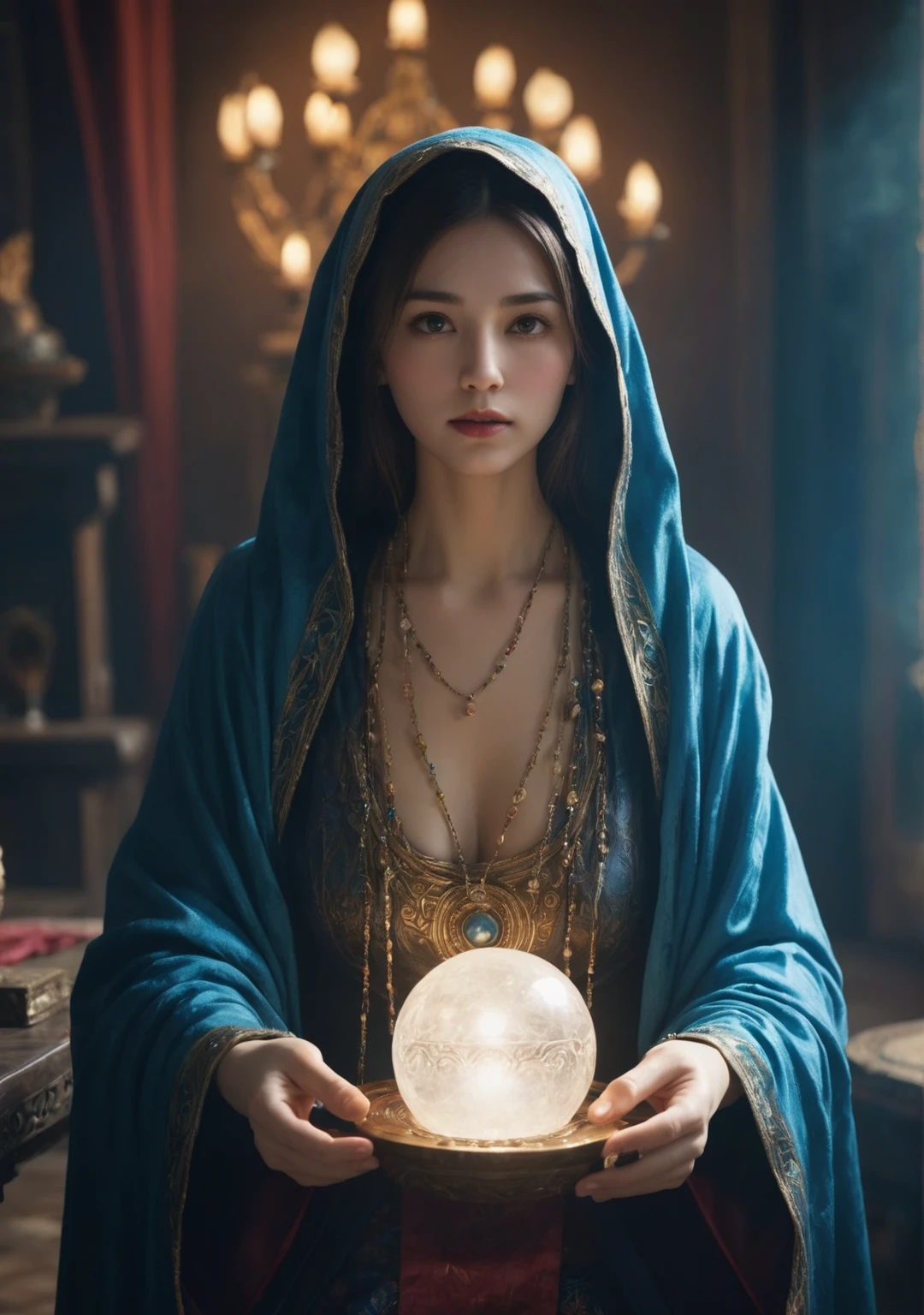 Body Orientation: front.Female fortune teller. Charm, Beautiful and mysterious. She is wearing a blue cape、It has distinctive features. The atmosphere is bright and shining, Filled with anxiety and anticipation. The fortune teller is standing there. Body facing forward. He is looking at you. He has a crystal ball in his right hand.. The lighting in the room is bright, casting a magical ambiance. Best image quality, 4K or 8K resolution. The level of detail is very fine、It's real, Close to photorealism. Artistic style is、It should reflect the official aesthetic with bright colors and strong contrast.. The color palette should emphasize the mysterious and mystical theme of the piece.. The fortune teller's cloak is decorated with a 1:1 metal trim..5. Complex Design. The overall atmosphere is magical, Like a starry sky. The fortune teller's facial expression should arouse mystical interest..Light background