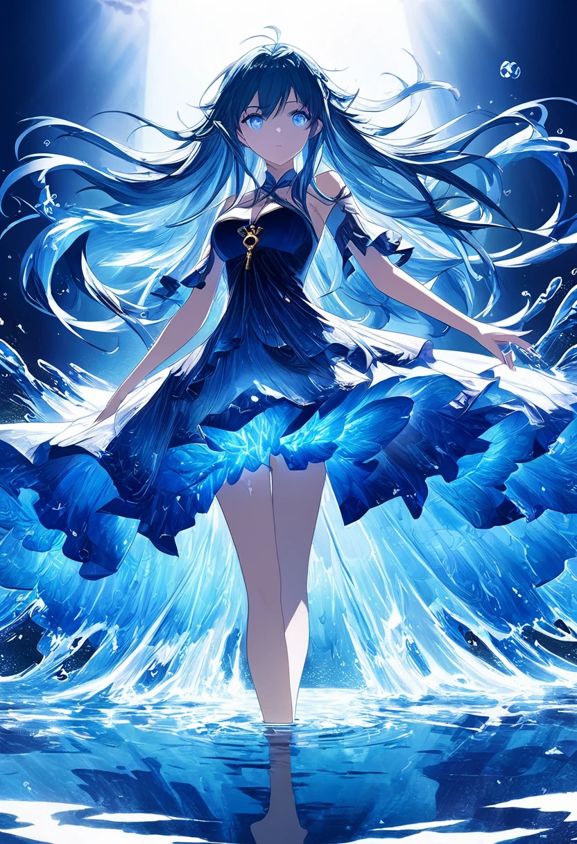 Anime girl walking on water, Beautiful fantasy anime, high detailed Official artwork, Blue-haired god, Shadowverse Style, Anime Goddess, Nightcore, Detailed Key Anime Art, Official artwork, Masterpiece: Goddess of Water, Anime fantasy illustration, Detailed digital anime art, Epic light novel art cover, From the Arknights video game, Anime fantasy artwork, Calm background, The water ripples as you walk, A delicate yet beautiful dress, My feet hit the water