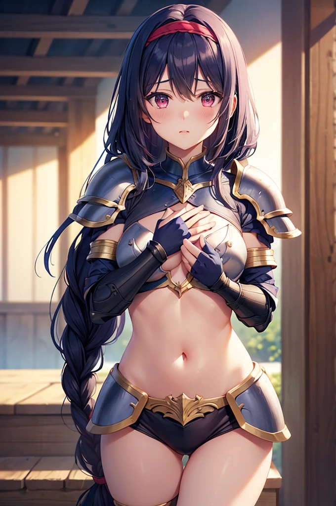 Lapisfe, One girl, alone, View your viewers, blush, bangs, gloves, Upper Body, Braiding, hair band, Outdoor, Part your lips, null, Day, Raise your hand, Pink Eyes, armor, wood, Covered navel, Blurred Background, Place your hand on your chest, shoulder armor, side Braiding, breastplate, red armor