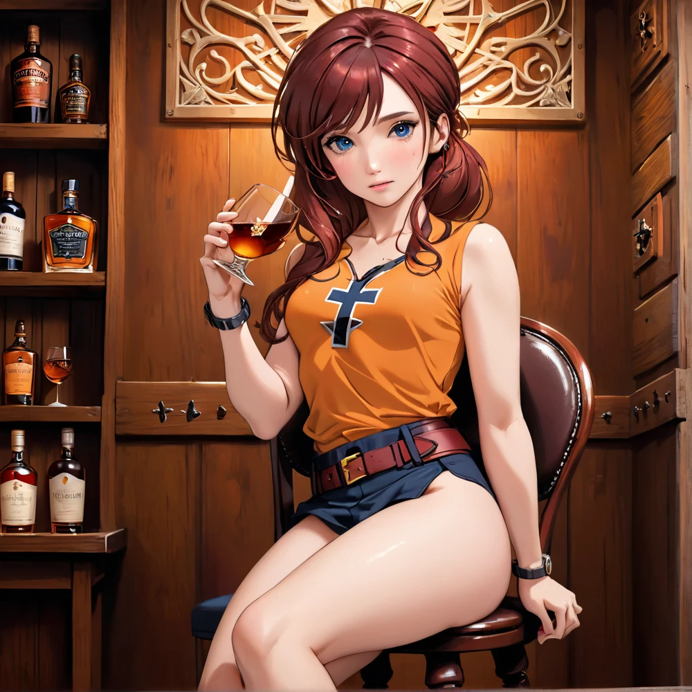 (((One beautiful woman:2.0))),(((NSFW:1.8))),((Nude:2.0))),(((Wearing a gun belt with a holster on his waist:1.8))),((Wear a watch on your wrist:1.9))),(((Showing cleavage))),(((Exposed thin inner thighs))),(((Small breasts:1.5))),(((Bare arms))),((Blushed:1.8)), Beautiful detailed girl, Very detailed目と顔, 緻密でBeautiful Eyes, Very detailed, High resolution, Highest quality, masterpiece, Very detailed, 8k wallpaper, wonderful, finely, Highest quality,(Standing in front of a wooden wall),Beautiful Eyes,((Model pose:1.8)),((Above the knee shot:1.5))),(((Depict the whole body:1.9))),((Drinking whiskey:1.4)),(((Place your hands on your chest:1.5))),(((Strong drunk:1.2))),(((Cry:1.2))),(((Sit cross-legged on a chair:1.5)))