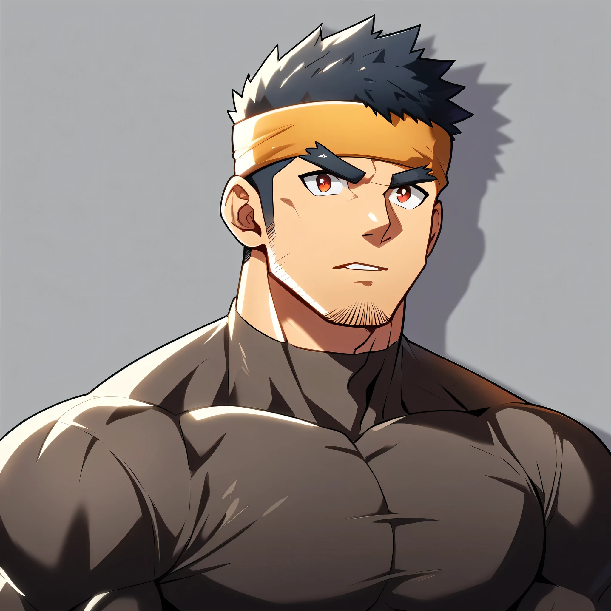 anime characters:Gyee, Muscle Sports Student, Manliness, sports headband, male focus, Cute boy with big eyes, Brown high collar long sleeve tight T-shirt, Slightly transparent material, Very tight, Round, full and perky chest muscles, Slightly transparent, muscular male, muscular, only, Upper body, alone, Black short hair, Thick eyebrows, stubble, Cute little eyes, Brown-red pupils, Grey background, simple background, amazing quality, best aesthetics, Ridiculous, crew cut, parted lips, v-shaped eyebrows, jitome, drop shadow, best quality