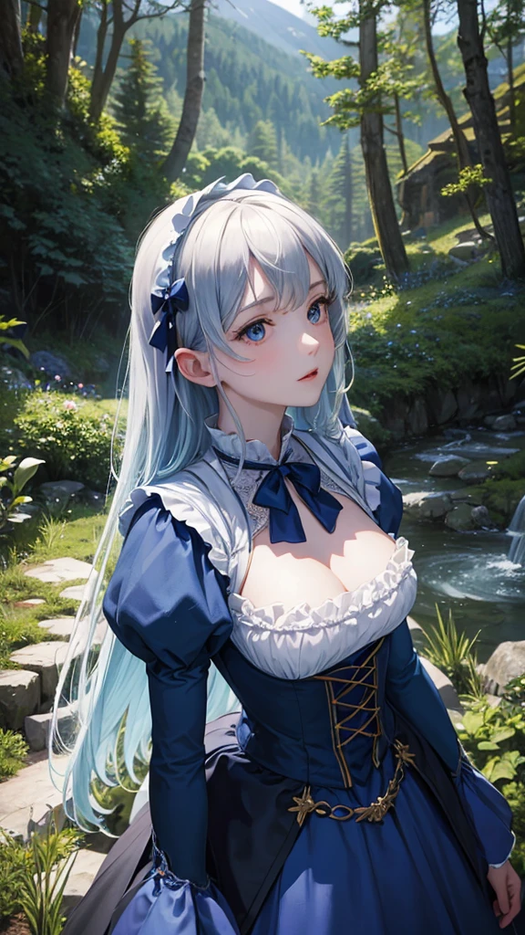 masterpiece, best quality, marianne_timeskip, blue dress, capelet, dark alpine forest, standing, night, looking up, upper body, detailed face
