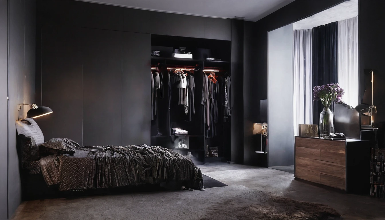bedroom, bed, wardrobe, clothes on the bed, dark environment