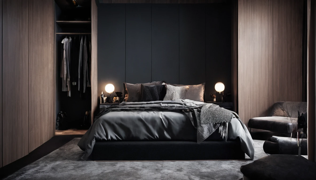 bedroom, bed, wardrobe, clothes on the bed, dark environment