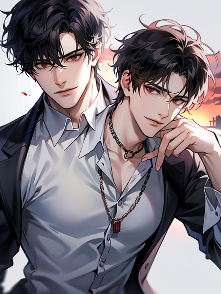 (masterpiece, 4k, high quality:1.3), 1boy, solo, short hair, black hair, asymmetrical fringe, red eyes, handsome,sharp eyes, (mature male, mature:1.2), male focus, fashionable, open pattern collared shirt, light brown chino pants, red and gray cardigan, thin rim big circle glasses, necklace, sunset, evening, close up, smile, smart