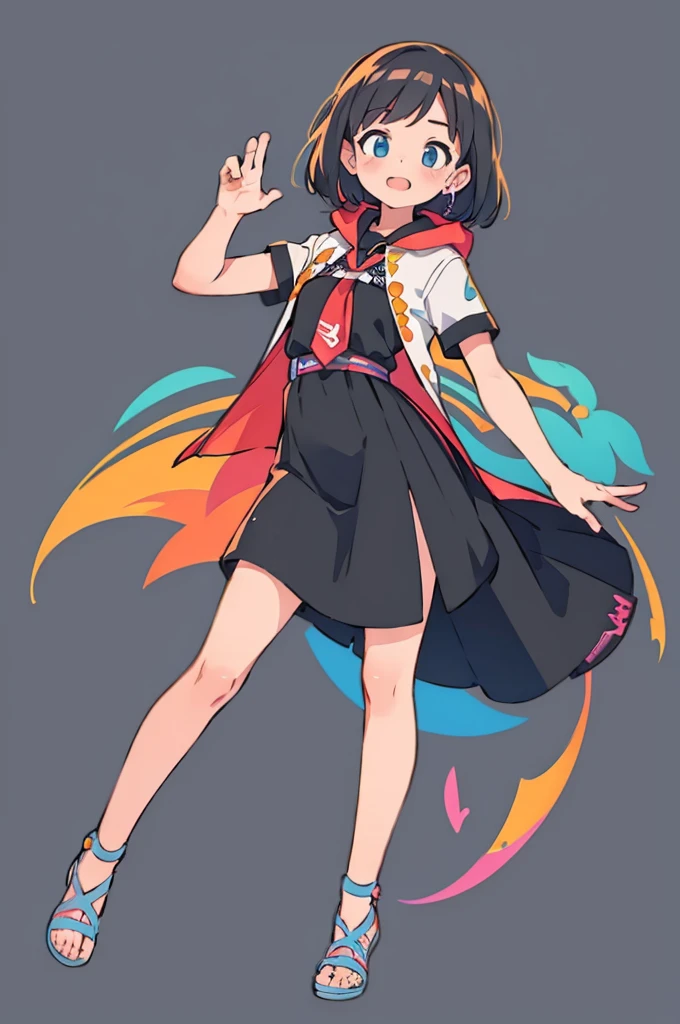 (Masterpiece,best quality),highres,extremely clear 8K wallpaper,high quality, detailed eyes, (illustration:1.1), colorful, vibrant colors,  (outline:1.25), (better hand:1.25), (dynamic pose:1.25), beautiful face, open mouth, black hair
solo,(1girl:1.5), (mj-tyg), (), full body, (plain background:1.25), poster