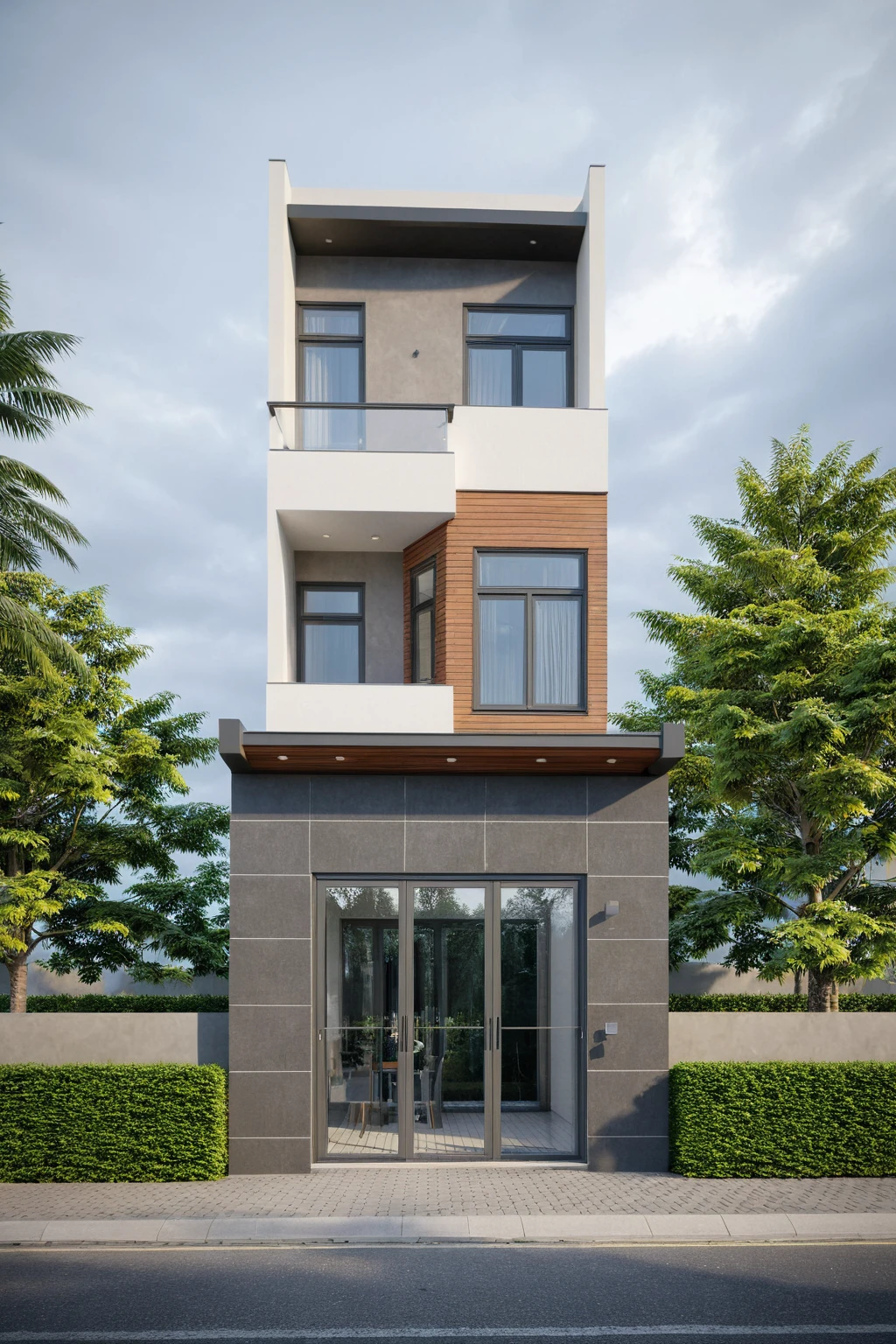 Raw photo,Masterpiece, high quality, best quality, authentic, super detail,
exterior, outdoors, house style modern on the street, glass windows, gate,
road,pavement, trees, sky, cloud, (daylight:1.1)