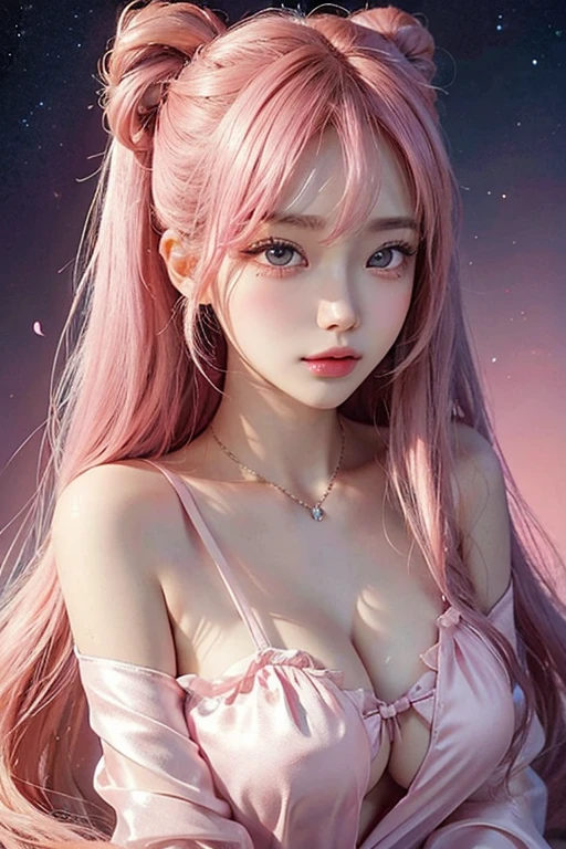 Copy prompt prompt one girl,（Captivating quality：1.4），（Highest quality authentic textured skins), Delicate face,Pink twin tail hair, Perfect body：1.1），Heart-shaped choker、Long eyelashes,Clear Eyes,Hyper Photorealism, Hyper HD, Tabletop，Keep dreaming，Please wear sheer silk pajamas.,Fantasy Space，Pink Background,front,Mouth closed,anime