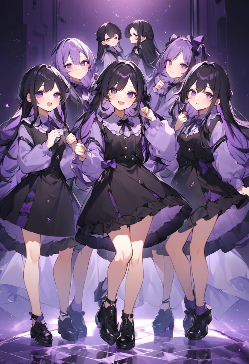 Keito。Purple hoodie。Black Skirt。Purple Eyes。Black Hair。Black shoes下。Black shoes。6 sistery eldest daughter has lavender hair.。all female。Sextuplets