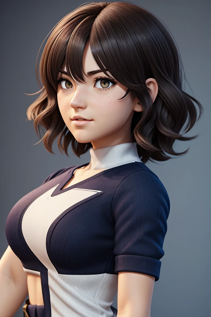 Generate a female character from My Hero Academia, with short shoulder-length hair, fluffy and wavy wolfcut, bangs divided into two wavy halves, heart type face, small almond-shaped eyes with long eyelashes and medium thick arched eyebrows