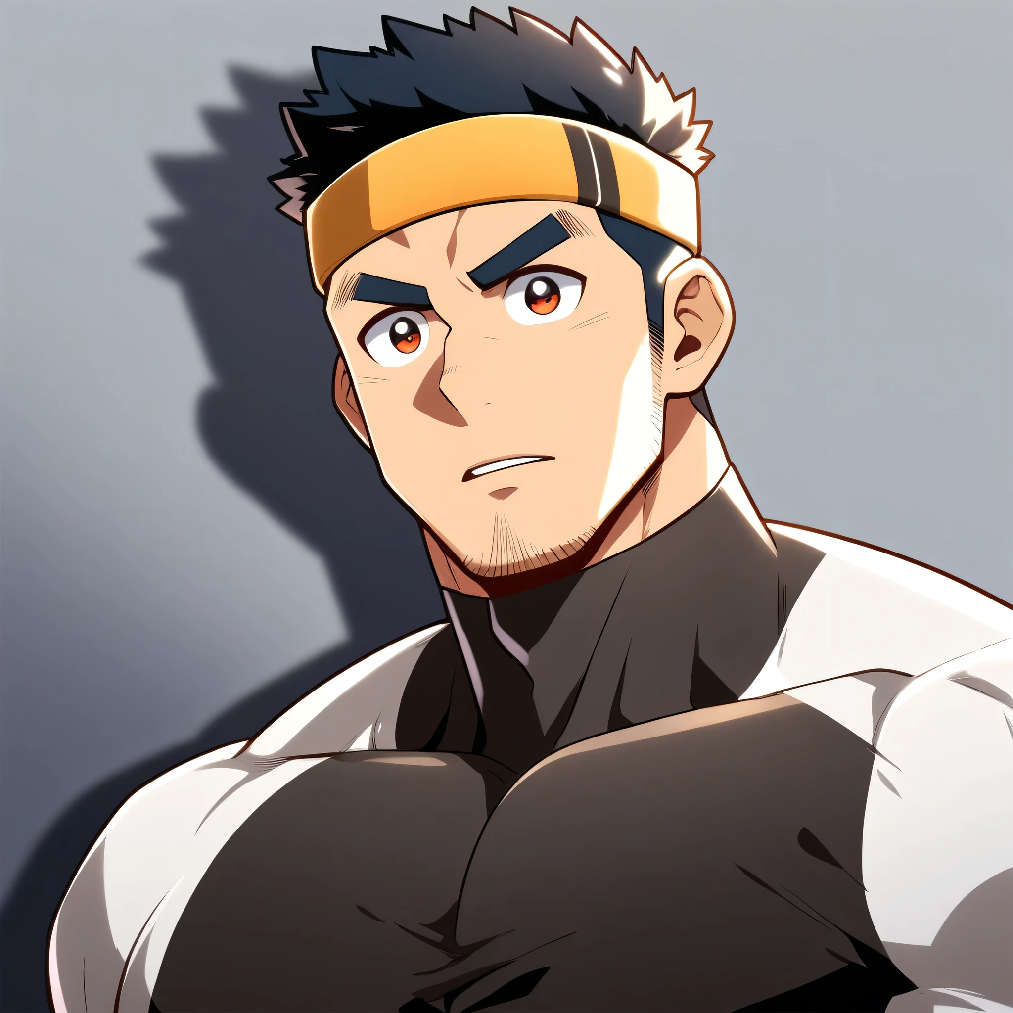 anime characters:Gyee, Muscle Sports Student, Manliness, sports headband, male focus, Cute boy with big eyes, Brown high collar long sleeve tight T-shirt, Slightly transparent material, Very tight, Round, full and perky chest muscles, Slightly transparent, muscular male, muscular, only, Upper body, alone, Black short hair, Thick eyebrows, stubble, Cute little eyes, Brown-red pupils, Grey background, simple background, amazing quality, best aesthetics, Ridiculous, crew cut, parted lips, v-shaped eyebrows, jitome, drop shadow, best quality