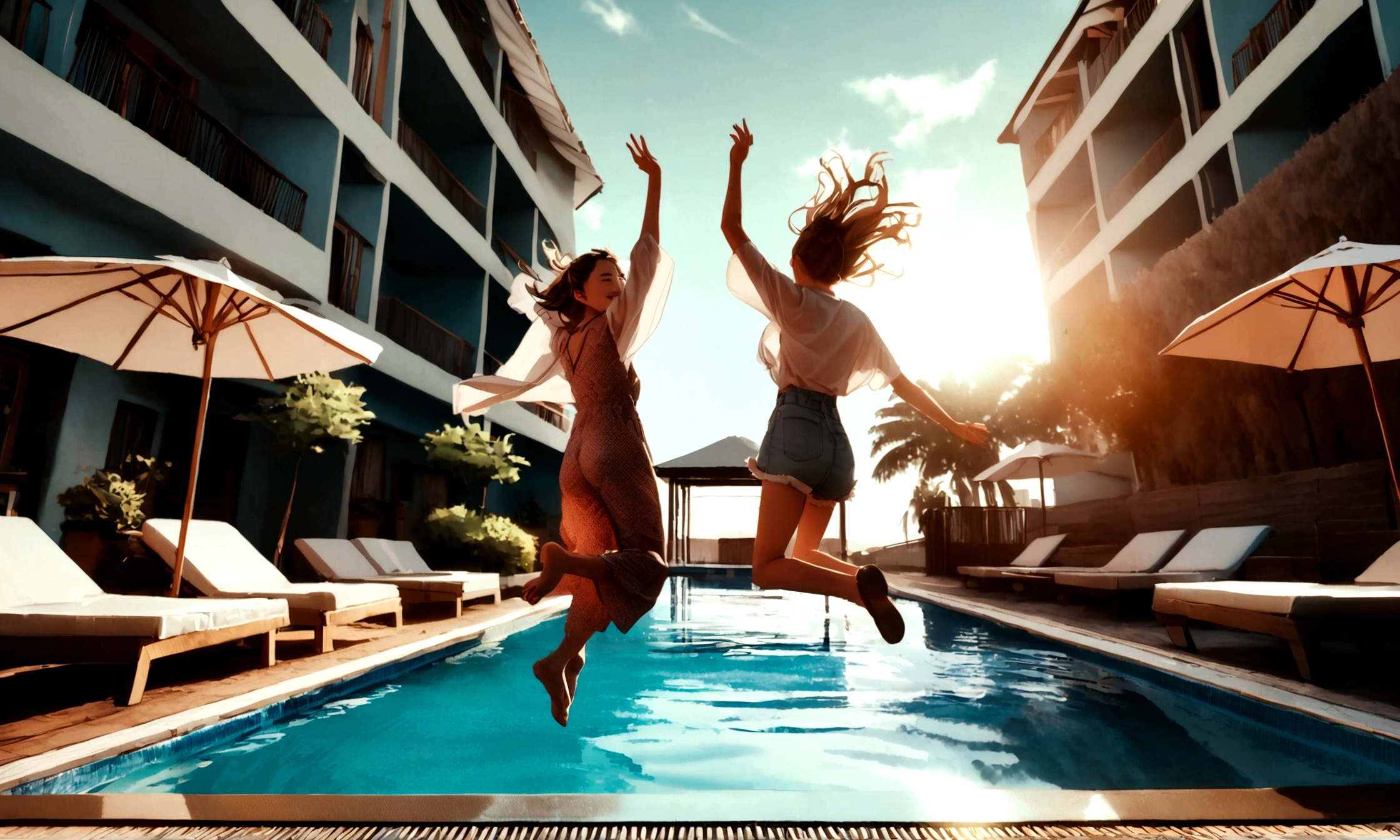 two women Jumping in the air in front of a swimming pool, シャッターstock, Jumping for joy, Jumping towards viewer, The Best of Adobe Stock, stock, Raise your arms and jump, Soar into the air, Have fun, Jump, Having a great time, Jumping, Living a good life, Vacation Photos, summer, girl, Beautiful sunny day