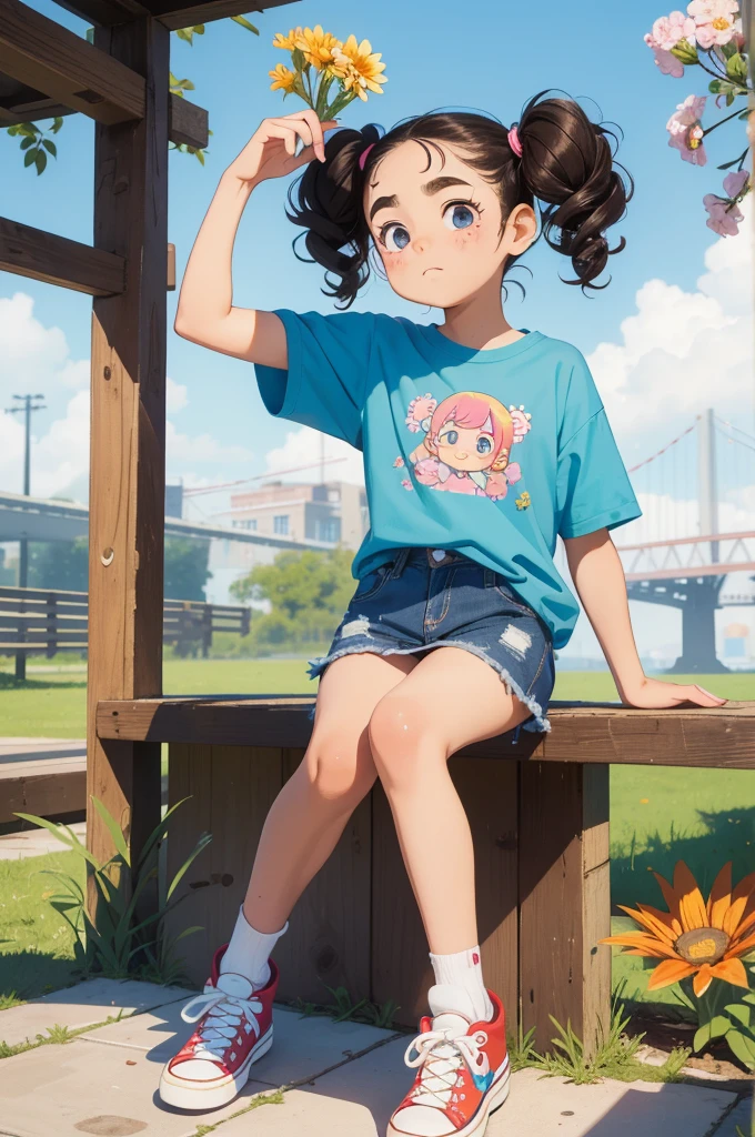 masterpiece,highest quality,masterpiece，highest quality，Cute doodles，Hilarious, Honor student, 10 years old，low length，Curly Hair, Twin tail hair，Vibrant, inquisitive eyes，freckles，Thick eyebrows，Short T-shirt，Very short miniskirt in denim，Open Fly，sneakers， Smells like flowers,pop,punk, bag,trip,