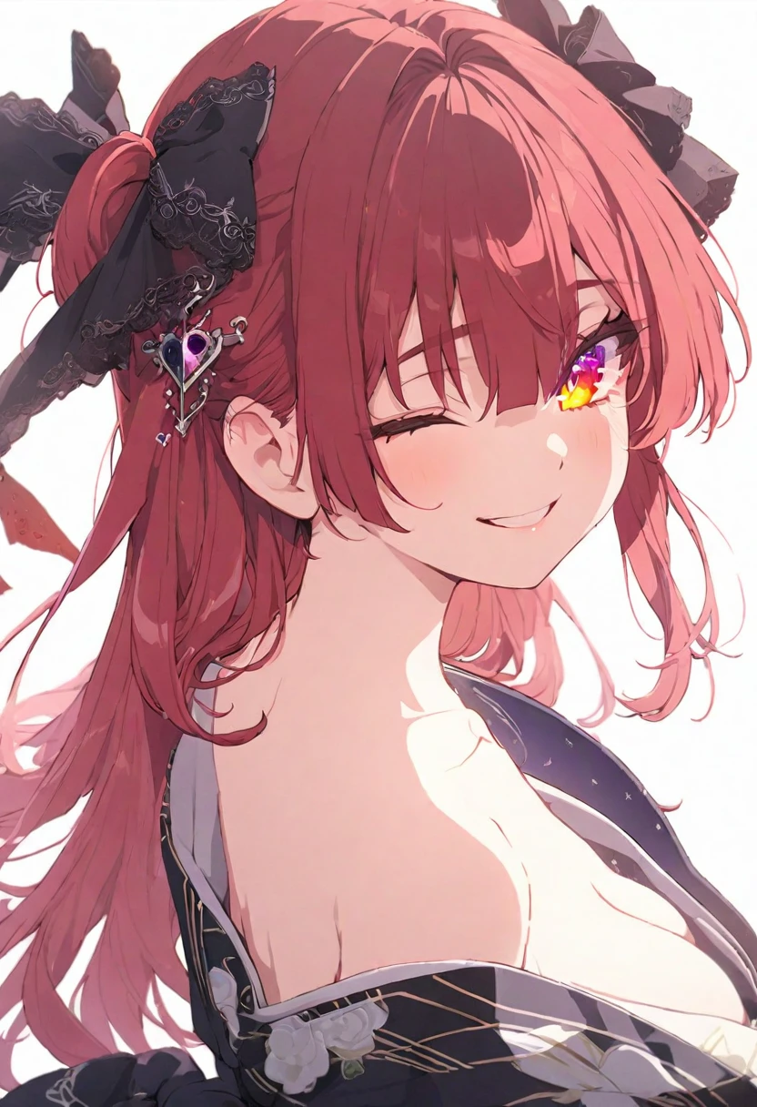 (muste piece), (best quality), very detailed eyes, expressive eyes, perfect face, very detailed face, highly detailed face, beautiful girl, 8K, beautiful girl, white background, delicate and beautiful face and eyes, dark intense shadow,
1 girl, vtuber style, cool girl, hololive, Houshou Marine, red hair, heterochromatic pupils, kimono, big chest, clavicle, one eye close winking, smile, (whole body), standing, from back, looking back, sunrsing,