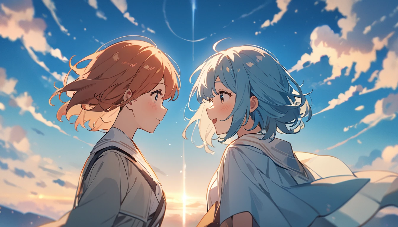 masterpiece, Highest quality, Movie stills, 1 Girl, Cloud Girl,Two Girls, Two good friends , Floating in the sky, close, bright, Happy, Warm and soft lighting, blue sky, (spark:0.7)