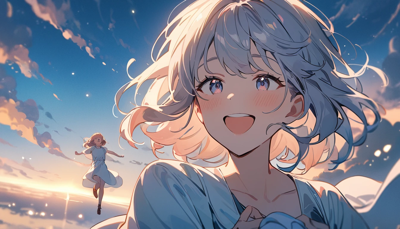 masterpiece, Highest quality, Movie stills, 1 Girl, Cloud Girl,Two Girls, Two good friends , Floating in the sky, close, bright, Happy, Warm and soft lighting, blue sky, (spark:0.7)