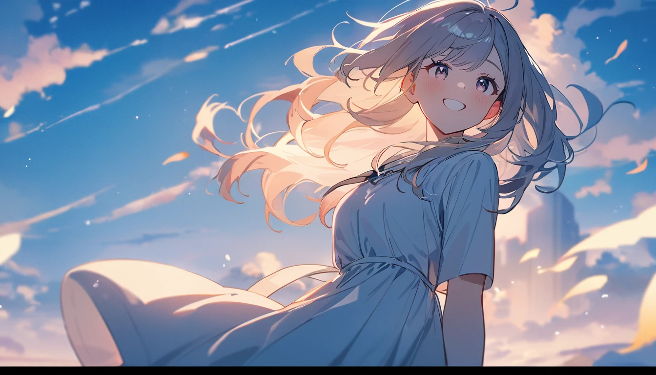 masterpiece, Highest quality, Movie stills, 1 Girl, Cloud Girl,Two Girls, Two good friends , Floating in the sky, close, bright, Happy, Warm and soft lighting, blue sky, (spark:0.7)