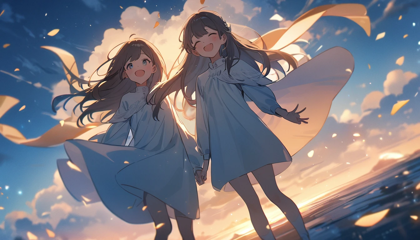 masterpiece, Highest quality, Movie stills, 1 Girl, Cloud Girl,Two Girls, Two good friends , Floating in the sky, close, bright, Happy, Warm and soft lighting, blue sky, (spark:0.7)