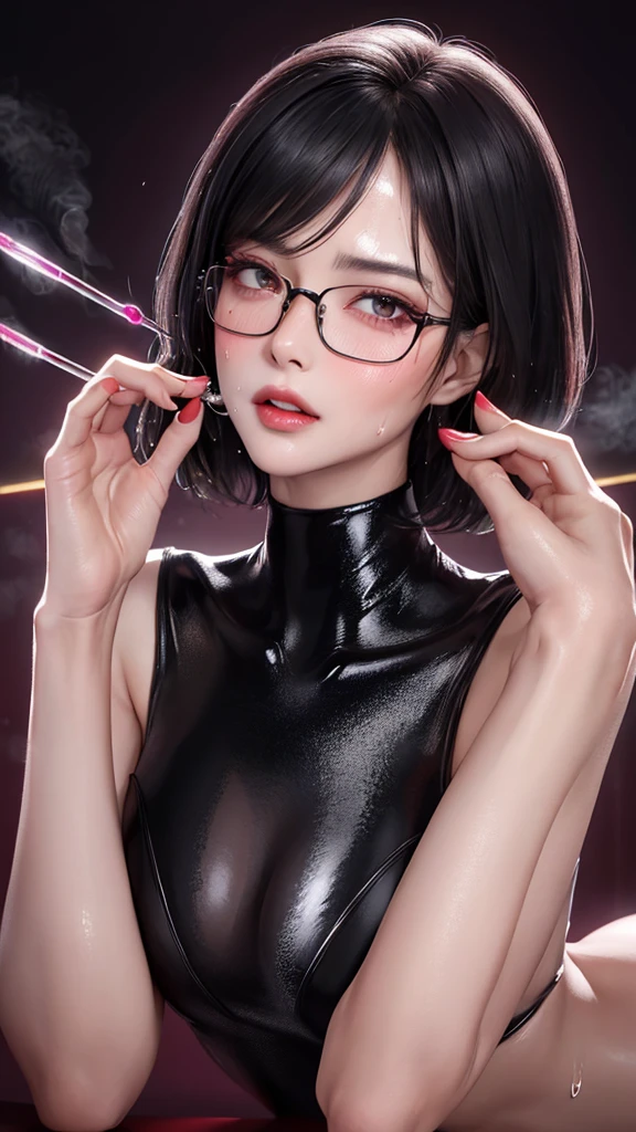 Super detailed, Highest quality, 8K, Ultra-high resolution, Black Hair, One Woman, amount, Glasses, Stiletto heels, Midnight, Slim figure ,Straight Hair, short hair, Glasses , (((Sweat, vapor))), sheer turtleneck dress, skin, Stiletto heelsサンダル, Beautiful feet, ((((blush)))), Dark room、Full body paint、Detailed face、Delicate facial features、Detailed skin、Shiny skin、Detailed face、Delicate facial features、Detailed skin、Black glossy stockings、Beautiful Face、Perfect Face、非常に精巧でBeautiful Faceと目、Attractive face、Top view、Respect、Nightclub、Back view