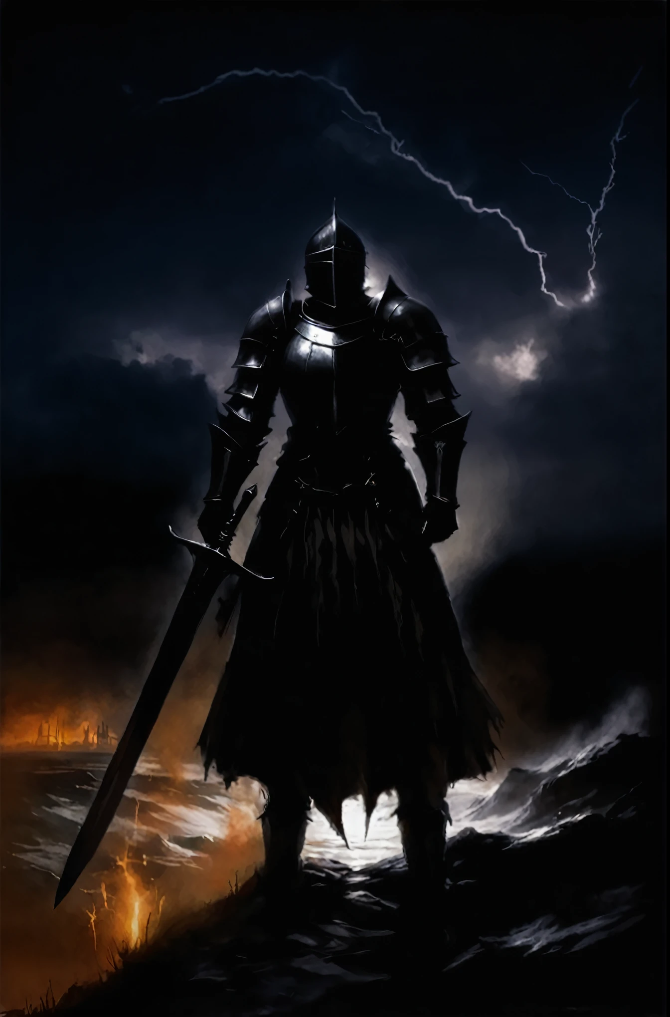 arafed knightgirl in a dark storm with a sword in his hand, evil knightgirl, dark souls knightgirl, gothic knightgirl, the dark souls knightgirl, dark warrior, dark soul concept, dark armor, the Dark Lord, scary knightgirl, fantasy knightgirl, berserk skullknightgirl black armor, (((knightgirl))), dark paladin, Dark Lord, fallen knightgirl, dark souls inspired