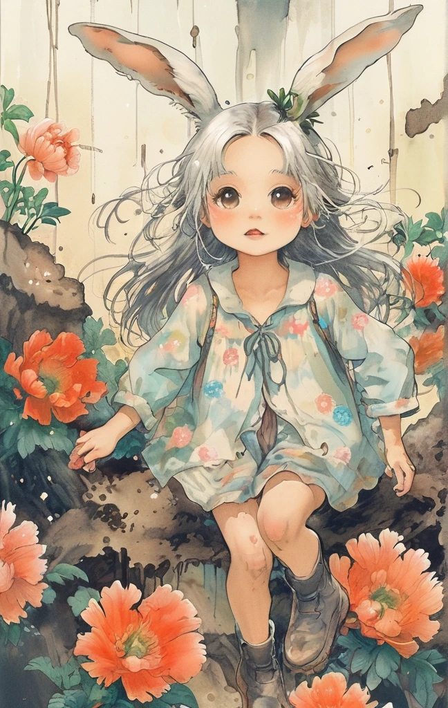 beautiful illustration, best quality, cute girl, bedroom, pastel color, fluffy bunny ears, , silver long hair, alert! Dive into the messy and joyful theme of "Playing in Mud" (Playing in the mud). Capture the pure delight and uninhibited fun of people or animals splashing, building, and getting covered in mud.