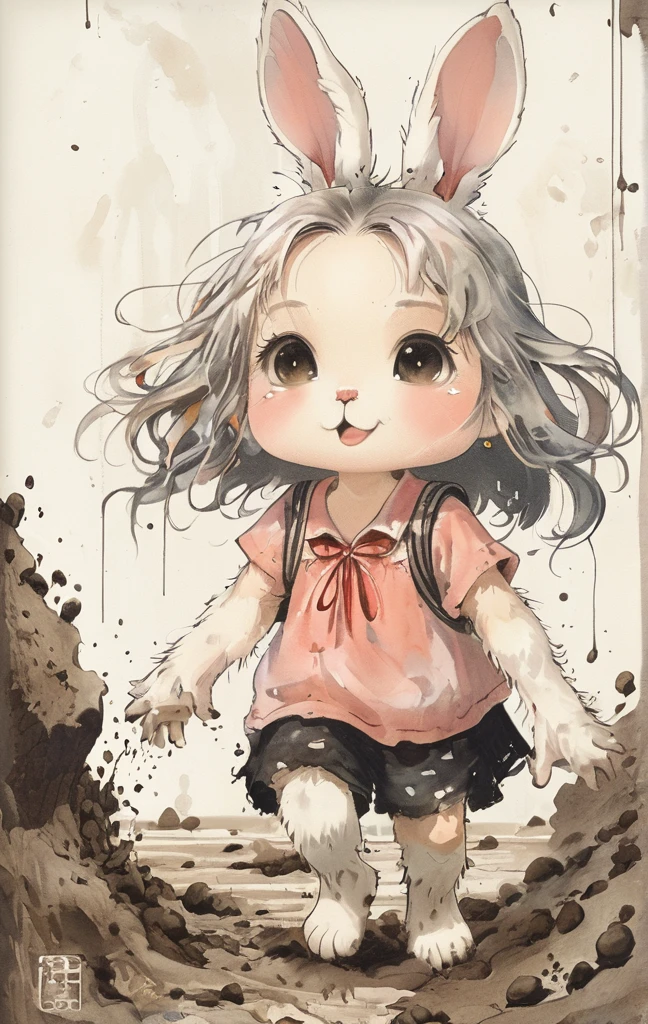 beautiful illustration, best quality, cute girl, bedroom, pastel color, fluffy bunny ears, , silver long hair, alert! Dive into the messy and joyful theme of "Playing in Mud" (Playing in the mud). Capture the pure delight and uninhibited fun of people or animals splashing, building, and getting covered in mud.