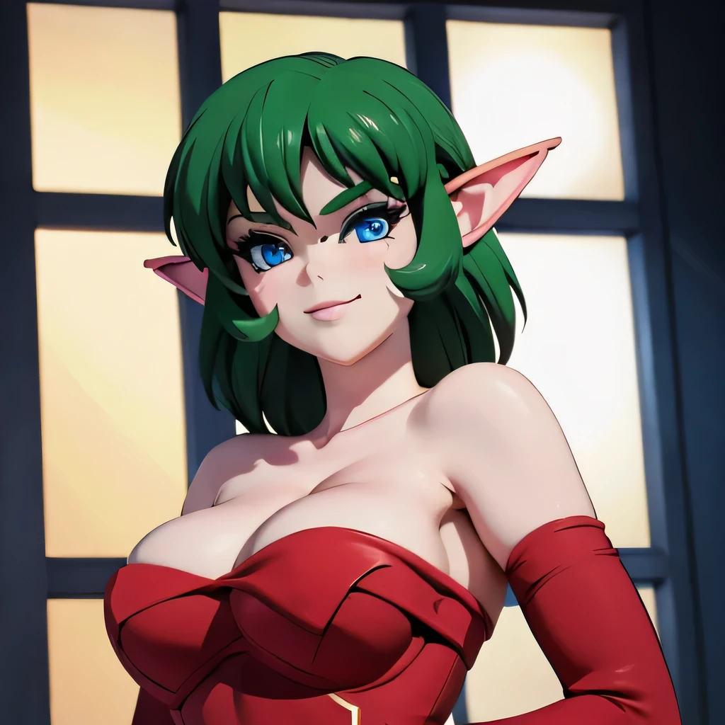  ((masterpiece,best quality,ultra-delicate,Perfect Face,16k,high resolution,very beautiful girl)),medium short green hair, seductive pose,Red strapless bodycon tube dress ,Red long arm sleeves,red high heels,Elf Girl,huge Breasts,blue eyes,Beautiful smile,20 years old