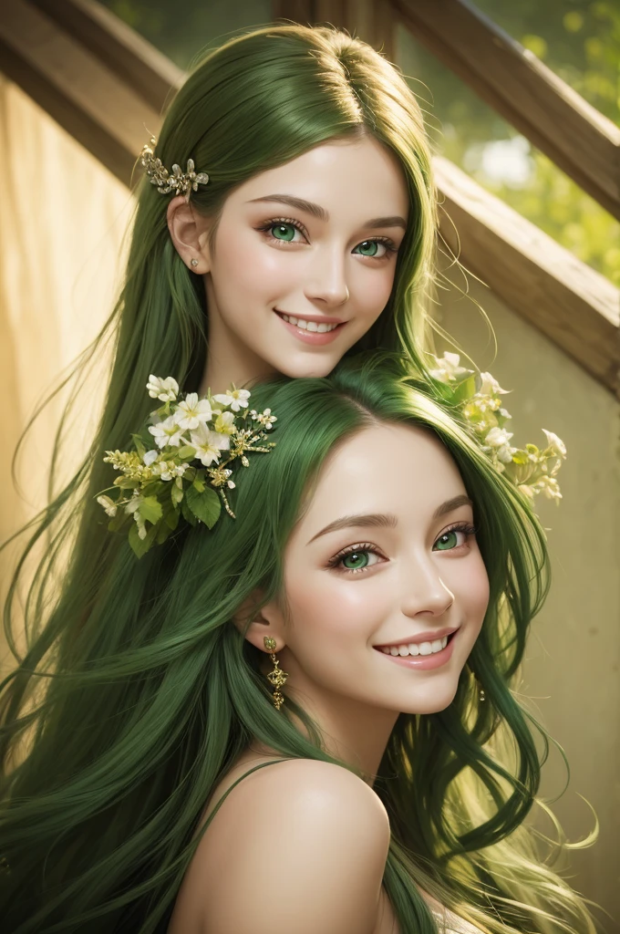 A painting of a beautiful maiden with a wonderful smile and green eyes like divine light 