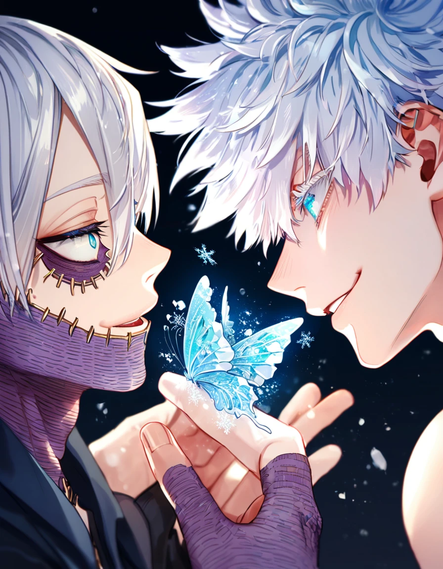 absurdres, highres, ultra detailed, HDR, master piece, best quality, extremely detailed face, delicated features, Dabi, white hair, expressive turquoise eyes, Boku No Hero Academia, Gojou Satoru, white hair, expressive blue eyes, white eyelashes, two sexy men, gay couple, yaoi, handsome, smile, blue jacket with fur, black jacket with fur, fantasy, magical, ice, ice butterflies, snowflakes, starry night, envy magical