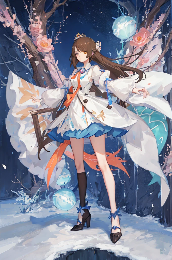 ((Break 1 Girl, , jasmine \(Pokemon\), Princess Dress, White jacket, Round orange ribbon, Brown eyes)),(Best image quality),(Master&#39;s Work), (Super detailed),(Detailed eye depiction:1.2),(Floating colorful wind:1.4),(Upper Body:1.5),(Manny colorful butterfly:1.3),(Clouds:1.4),(Lens flare:1.3),(Stern expression:1.5),(Movie Posters:1.0,(Tarot Border:1.0),The portrait is centered,(From below:1.1),(close:1.2),(looking return:1.5),(Chaotic geometric images:1.3),(Negative Space:0.8),(Drawing Board:1.3),(Giant crystal ball:1.2), (Hello:1.3),(Ethereal colorful ink flows:1.3),(return_cut out:1.3)