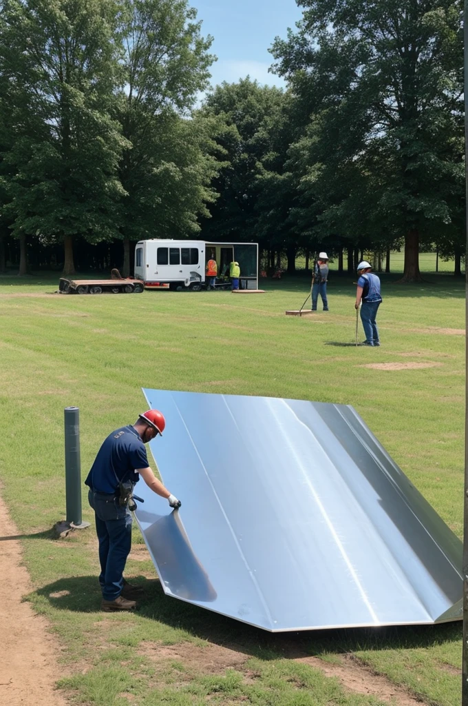People installing metal cover for educational unit in a field without trees