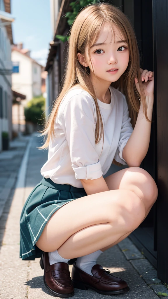 girl、High school girl naked from the waist down、High school girl uniform on the upper body, Squat、sit、Dear Viewers,、(、Baby Face、Ur.2、Pee)、(Shy expression:1.2、blush:0.8)、((Exposed female genitalia))、alley, (Beautiful breasts, Small beautiful butt, (Detailed eyes and face:1.3, Professional photography techniques), (Highest quality, 8K, masterpiece:1.2, RAW Photos), (Detailed legs, Thin thighs), (Detailed feet, loafers), (Detailed hands, Beautiful little hands of a girl:1.3)