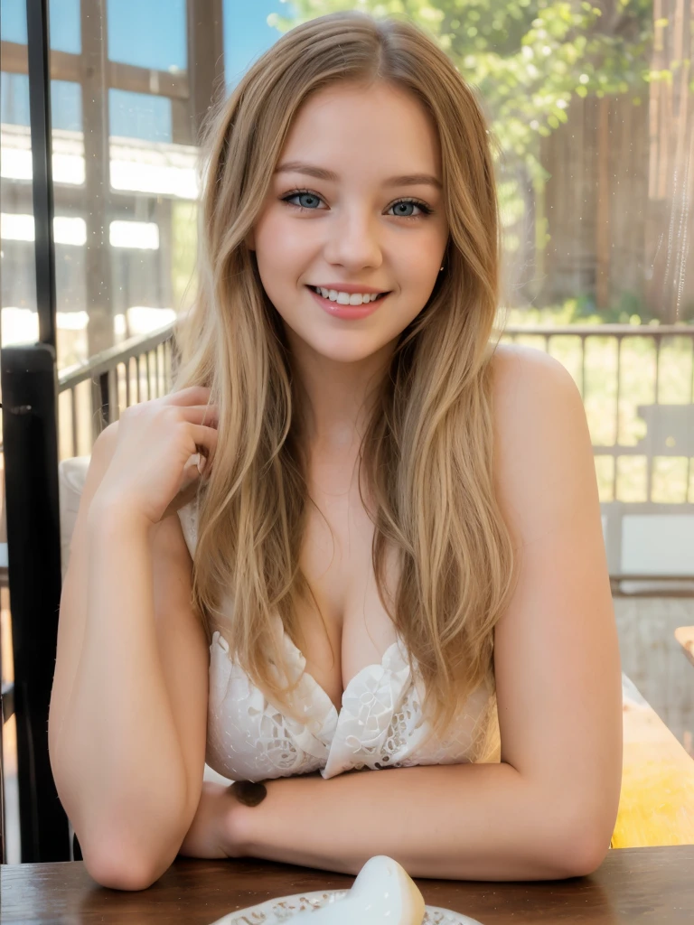 a pretty young age girl, smiling, portrait, detailed face, beautiful eyes, long eyelashes, perfect skin, blonde hair, long flowing hair, cute expression, high quality, detailed, photorealistic, 8k, hyper detailed, intricate details, realistic, sharp focus, studio lighting, warm color palette, natural lighting, vibrant colors, beautiful, elegant, graceful, charming, adorable