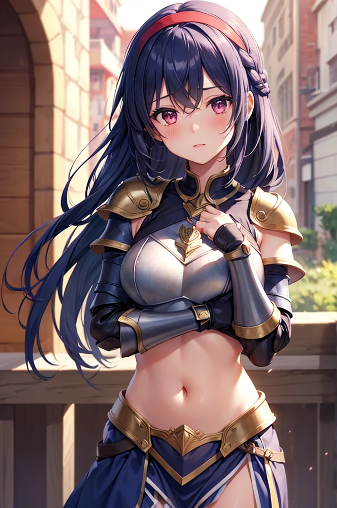 Lapisfe, One girl, alone, View your viewers, blush, bangs, gloves, Upper Body, Braiding, hair band, Outdoor, Part your lips, null, Day, Raise your hand, Pink Eyes, armor, wood, Covered navel, Blurred Background, Place your hand on your chest, shoulder armor, side Braiding, breastplate, red armor