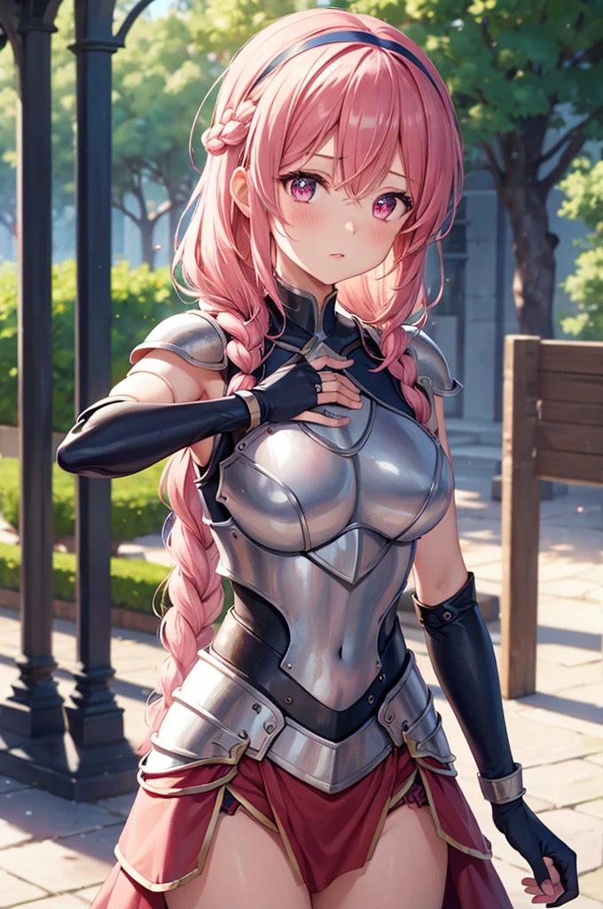 Lapisfe, One girl, alone, View your viewers, blush, bangs, gloves, Upper Body, Braiding, hair band, Outdoor, Part your lips, null, Day, Raise your hand, Pink Eyes, armor, wood, Covered navel, Blurred Background, Place your hand on your chest, shoulder armor, side Braiding, breastplate, red armor