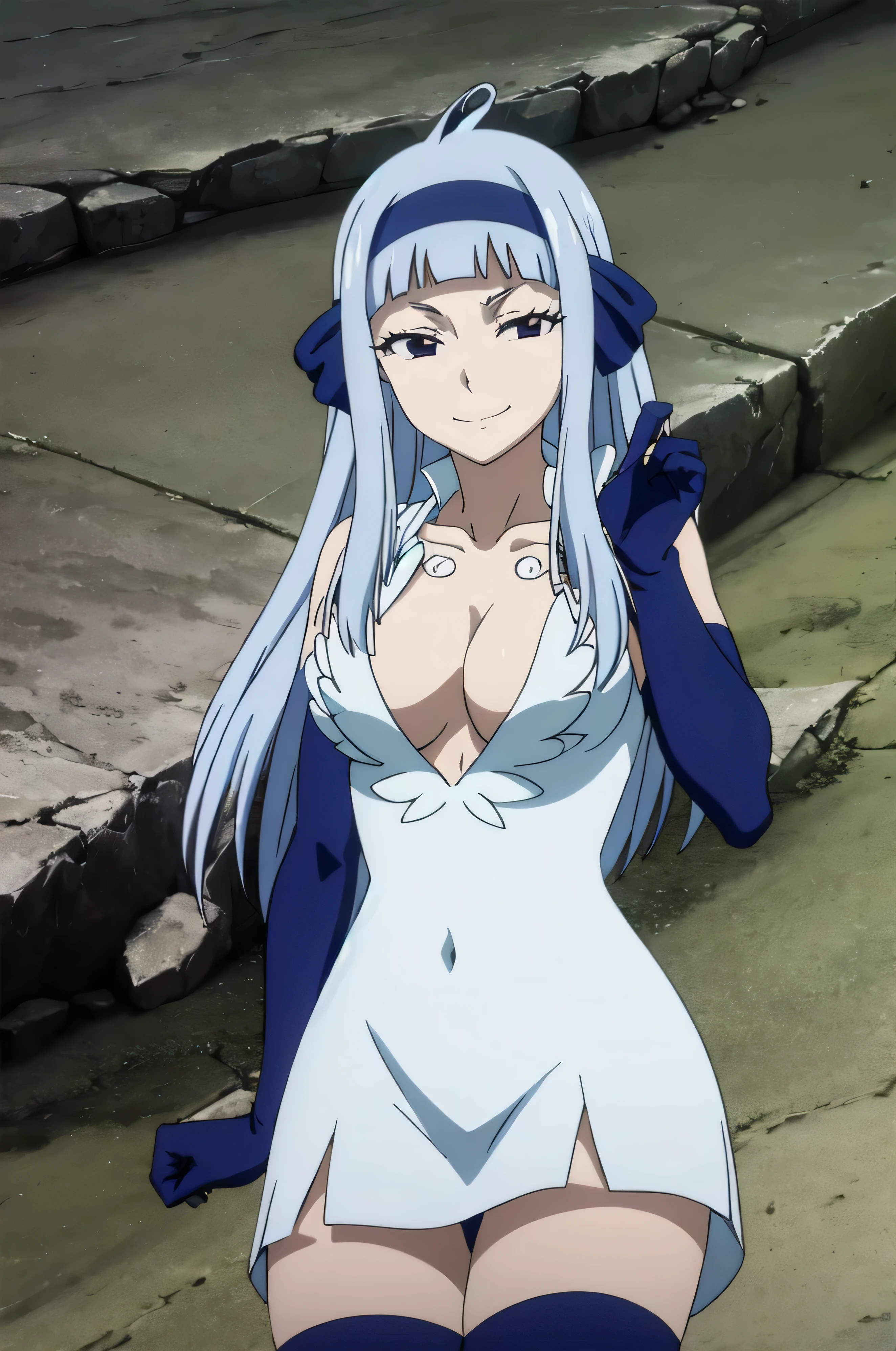 FAIRY TAIL ANGEL, LONG HAIR, BANGS, BLUE HAIR, HAIRBAND, BLUE HAIRBAND, AHOGE, THIGHHIGHS, GLOVES, DRESS, CLEAVAGE, ELBOW GLOVES, WHITE DRESS, 1girl, solo, facing viewer, (evil smile:1.3),Highly detailed CG Unity 8K wallpaper, perfect lighting,laugh at,evil smile,evil smirk,looking down at viewer,,smile bad,deep shaded face,too evil fall,dark world background,two hands,five fingers,two legs,