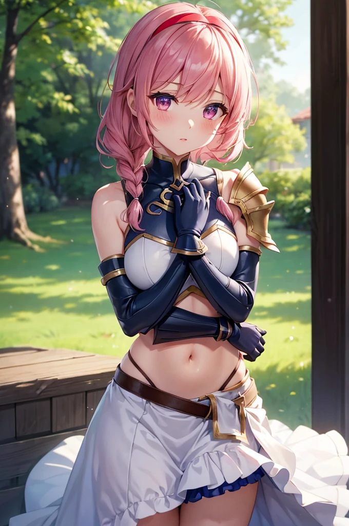 Lapisfe, One girl, alone, View your viewers, blush, bangs, gloves, Upper Body, Braiding, hair band, Outdoor, Part your lips, null, Day, Raise your hand, Pink Eyes, armor, wood, Covered navel, Blurred Background, Place your hand on your chest, shoulder armor, side Braiding, breastplate, red armor