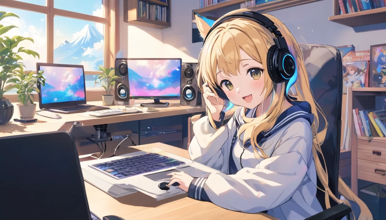 Cute girl wearing headphones、They seem to be having fun.、There is a computer and a mug on the desk、Idol、Japanese anime style