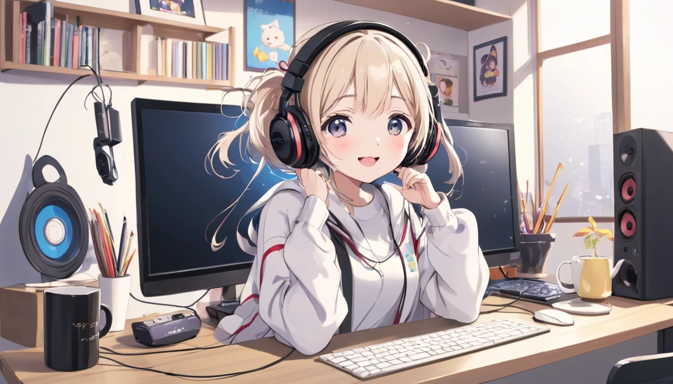 Cute girl wearing headphones、They seem to be having fun.、There is a computer and a mug on the desk、Idol、Japanese anime style