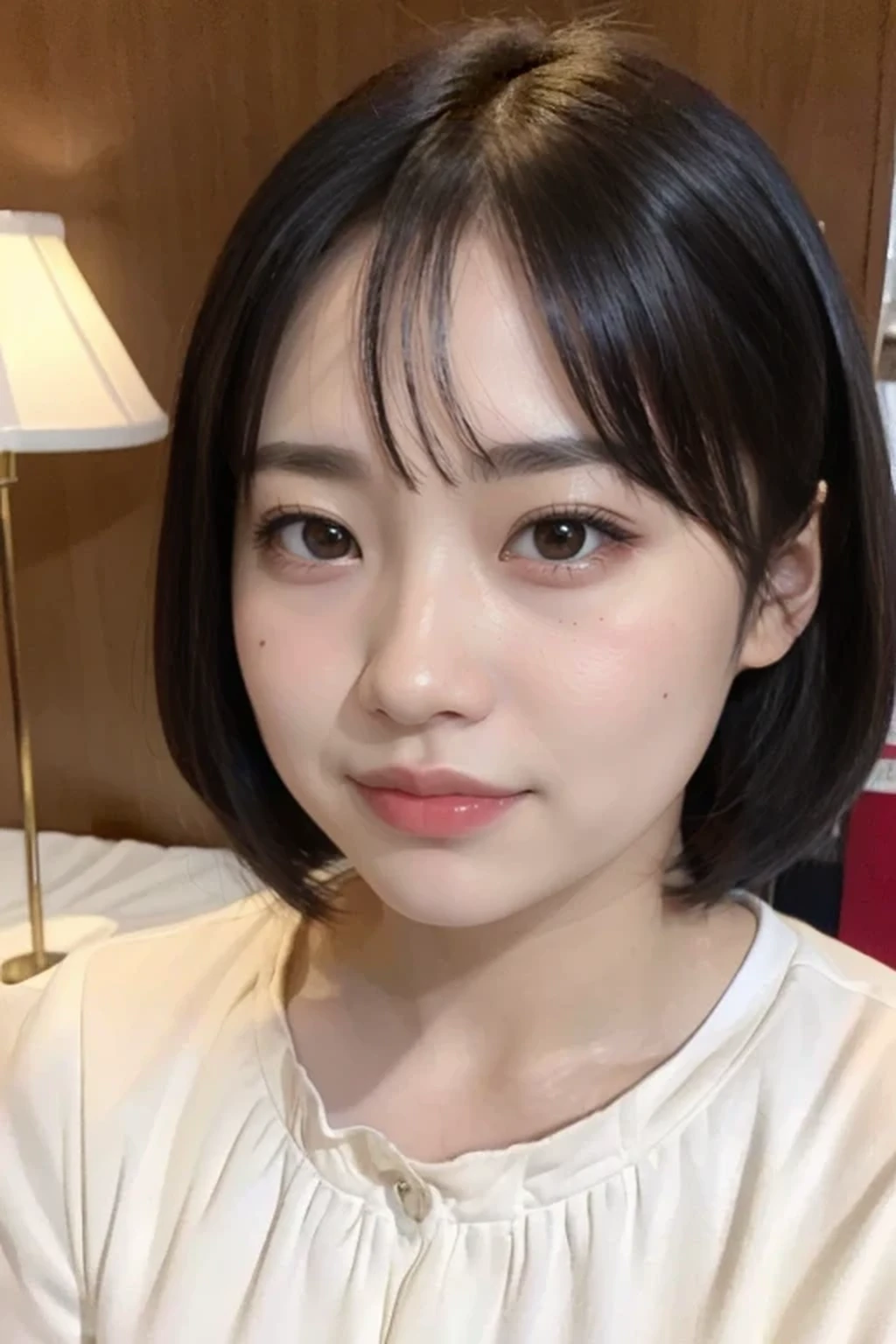 (photorealistic:1.2), 1 young female, (beautiful face:1.2), (no makeup face:1.3), break, indoor, bedroom, (dynamic angle:1.1), break, photo of young Japanese female, (14 years old:1.4), detailed pores and skin lines, break, happy, very fine eyes, break, (small breasts:0.5), black eyes, black hair, short cut hair, break, (eyes and faces with detailed:1.0), break, (masterpiece, best quality, ultra detailed, detailed face, 8k), (rim light:1.2), upper body
