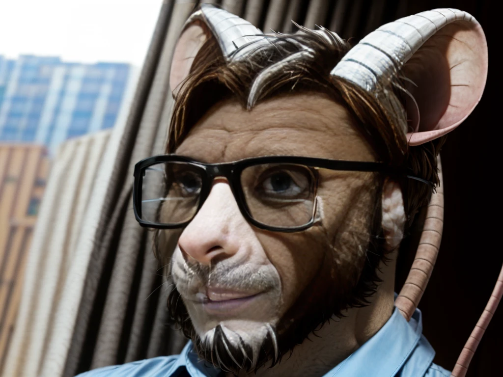 Solo, male, furry, goat-rat hybrid, ((goat horns)), mouse ears, ((light brown colored fur with white highlights)), (brown hair), blue eyes, mouse tail, adult, handsome, mature, (slim build),black wire glasses, wearing dress shirt, wojak