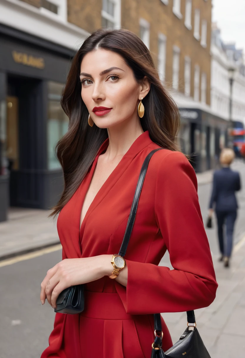 Create the image of a 35-year-old woman, with very long, straight and voluminous hair, black and parted to the side. She is a beautiful woman, has a rounded face and voluminous lips, wearing a tailored red jumpsuit, holding a bag in her hand, with golden earrings and a watch. She is 1.50 tall and 75 kilos. She is on a London street, going to a business meeting, she has delicate and subtle hands. High quality, high resolution, 8k.