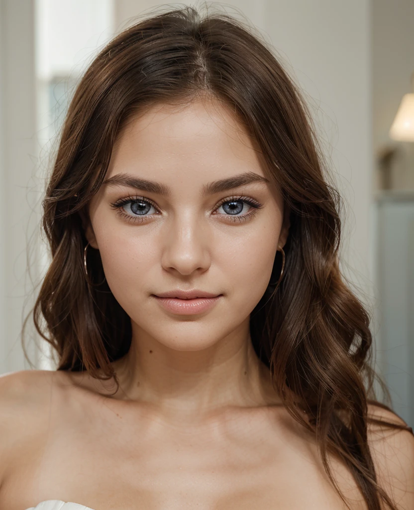 Create a hyper-realistic portrait of a 22-year-old woman with brunette hair and fine features. Her hair is a rich, chestnut brown with natural highlights, falling in soft, mid-length waves that gently frame her face and cascade just past her shoulders. Her skin is fair and flawless, with a subtle, healthy glow that enhances her natural beauty. She has a slight blush on her cheeks, adding a hint of color to her complexion.
Her eyebrows are finely arched and match her hair color, meticulously shaped to frame her eyes perfectly. Her eyes are a striking shade of sapphire blue, large and almond-shaped, with flecks of lighter blue and grey that add depth and intensity. Her long, dark lashes curl naturally, making her eyes appear even more vibrant and expressive.
Her nose is small and delicately shaped, with a gentle curve that adds to her overall facial symmetry. She has high cheekbones that enhance her elegant and refined appearance. Her lips are full and naturally rosy, with a well-defined cupid's bow that gives her smile a soft, inviting quality. The corners of her lips curve slightly upward, creating a warm and approachable expression.
Her overall expression is one of calm and kindness, with a serene and gentle demeanor that radiates friendliness and approachability. She has a natural grace and poise, with an air of confidence that is both subtle and compelling.