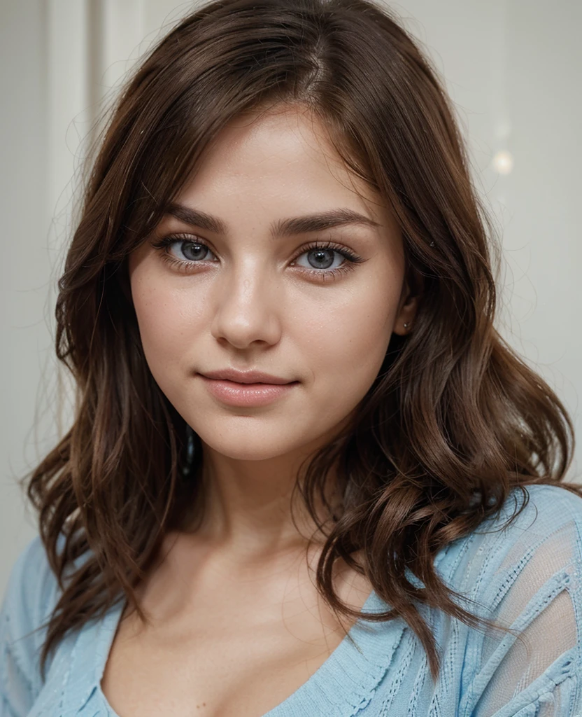 Create a hyper-realistic portrait of a 22-year-old woman with brunette hair and fine features. Her hair is a rich, chestnut brown with natural highlights, falling in soft, mid-length waves that gently frame her face and cascade just past her shoulders. Her skin is fair and flawless, with a subtle, healthy glow that enhances her natural beauty. She has a slight blush on her cheeks, adding a hint of color to her complexion.
Her eyebrows are finely arched and match her hair color, meticulously shaped to frame her eyes perfectly. Her eyes are a striking shade of sapphire blue, large and almond-shaped, with flecks of lighter blue and grey that add depth and intensity. Her long, dark lashes curl naturally, making her eyes appear even more vibrant and expressive.
Her nose is small and delicately shaped, with a gentle curve that adds to her overall facial symmetry. She has high cheekbones that enhance her elegant and refined appearance. Her lips are full and naturally rosy, with a well-defined cupid's bow that gives her smile a soft, inviting quality. The corners of her lips curve slightly upward, creating a warm and approachable expression.
Her overall expression is one of calm and kindness, with a serene and gentle demeanor that radiates friendliness and approachability. She has a natural grace and poise, with an air of confidence that is both subtle and compelling.