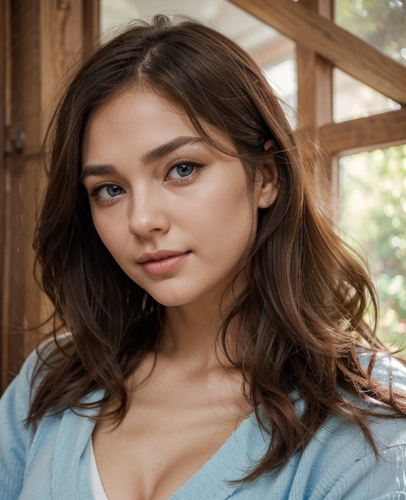 Create a hyper-realistic portrait of a 22-year-old woman with brunette hair and fine features. Her hair is a rich, chestnut brown with natural highlights, falling in soft, mid-length waves that gently frame her face and cascade just past her shoulders. Her skin is fair and flawless, with a subtle, healthy glow that enhances her natural beauty. She has a slight blush on her cheeks, adding a hint of color to her complexion.
Her eyebrows are finely arched and match her hair color, meticulously shaped to frame her eyes perfectly. Her eyes are a striking shade of sapphire blue, large and almond-shaped, with flecks of lighter blue and grey that add depth and intensity. Her long, dark lashes curl naturally, making her eyes appear even more vibrant and expressive.
Her nose is small and delicately shaped, with a gentle curve that adds to her overall facial symmetry. She has high cheekbones that enhance her elegant and refined appearance. Her lips are full and naturally rosy, with a well-defined cupid's bow that gives her smile a soft, inviting quality. The corners of her lips curve slightly upward, creating a warm and approachable expression.
Her overall expression is one of calm and kindness, with a serene and gentle demeanor that radiates friendliness and approachability. She has a natural grace and poise, with an air of confidence that is both subtle and compelling.