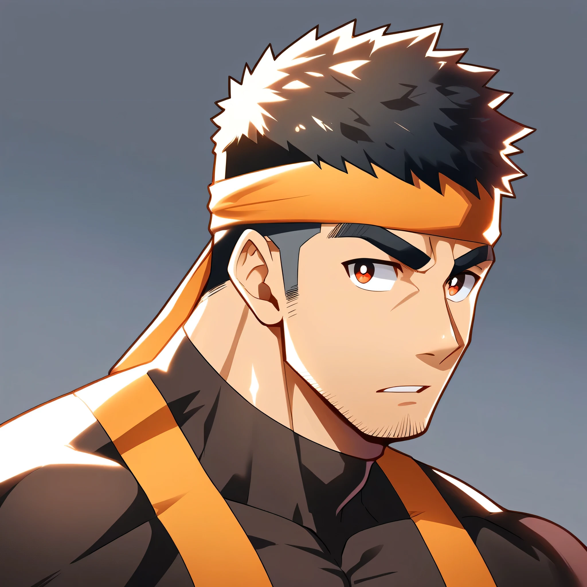 anime characters：Gyee, Muscle Sports Student, Manliness, sports headband, male focus, Cute boy with big eyes, Brown high collar long sleeve tight T-shirt, Slightly transparent material, Very tight, Round, full and perky chest muscles, Slightly transparent, muscular male, muscular, only, Upper body, alone, Black short hair, Thick eyebrows, stubble, Cute little eyes, Brown-red pupils, Grey background, simple background, amazing quality, best aesthetics, Ridiculous, crew cut, parted lips, v-shaped eyebrows, jitome, drop shadow, best quality